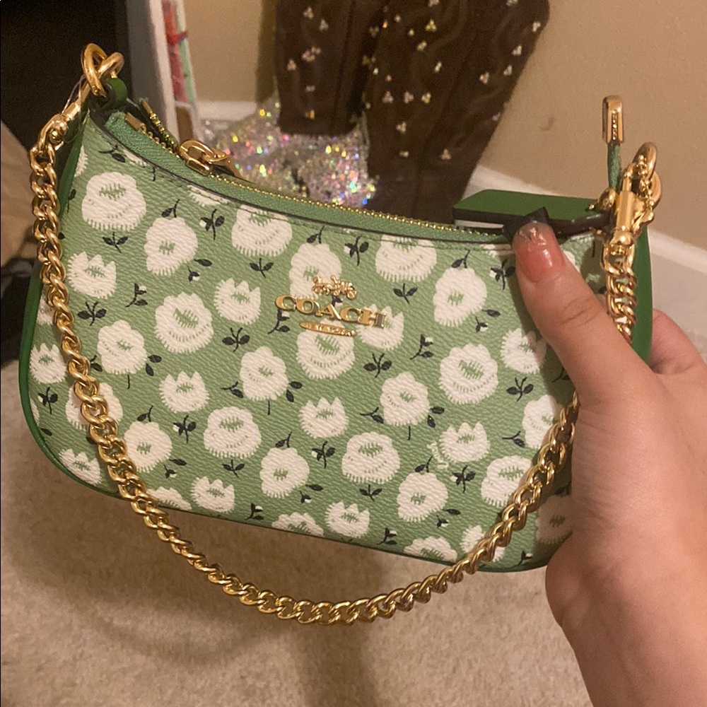 Coach Green and White Floral Wristlet